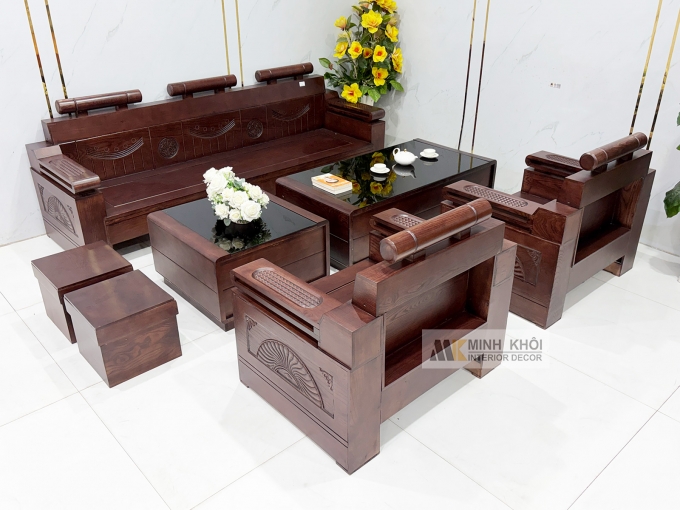 Sofa Gỗ Sồi Phủ Óc Chó Đối 7 Món Kiểu Tàu - SF940