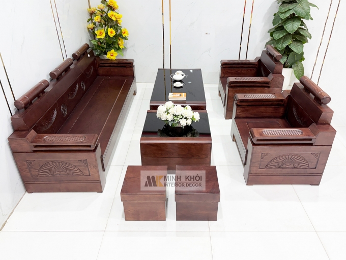 Sofa Gỗ Sồi Phủ Óc Chó Đối 7 Món Kiểu Tàu - SF940