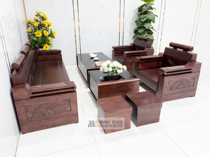 Sofa Gỗ Sồi Phủ Óc Chó Đối 7 Món Kiểu Tàu - SF940