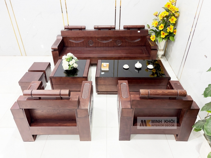 Sofa Gỗ Sồi Phủ Óc Chó Đối 7 Món Kiểu Tàu - SF940