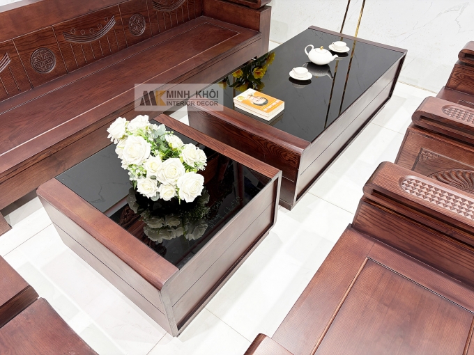 Sofa Gỗ Sồi Phủ Óc Chó Đối 7 Món Kiểu Tàu - SF940