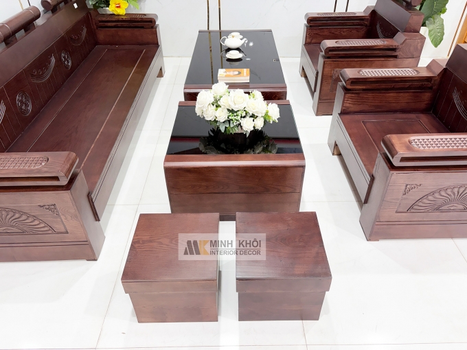 Sofa Gỗ Sồi Phủ Óc Chó Đối 7 Món Kiểu Tàu - SF940