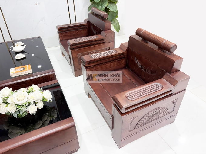 Sofa Gỗ Sồi Phủ Óc Chó Đối 7 Món Kiểu Tàu - SF940