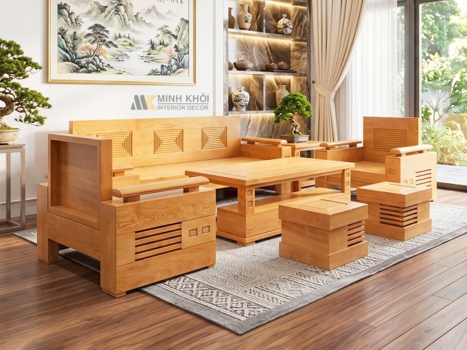 Sofa Gỗ Sồi Sơn Màu Hương - SF201G