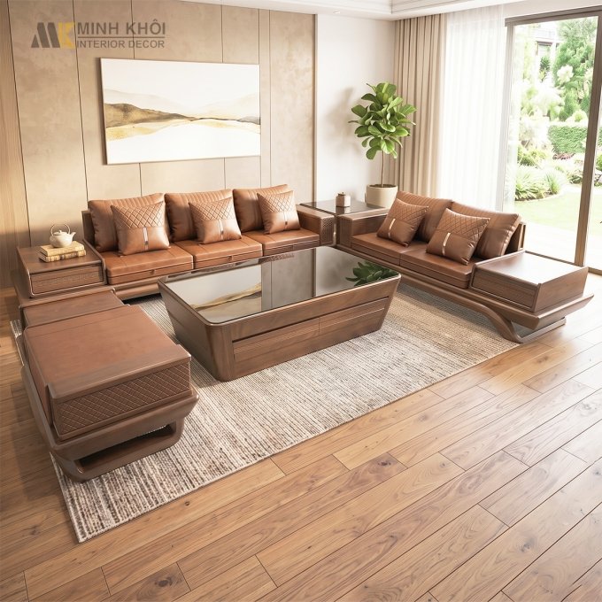 Sofa Góc Gỗ Sồi Màu Óc Chó Hiện Đại - SF897