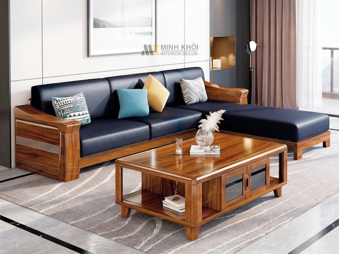 Sofa Góc Gỗ Sồi Sơn Màu Óc Chó Đẹp - SF3012