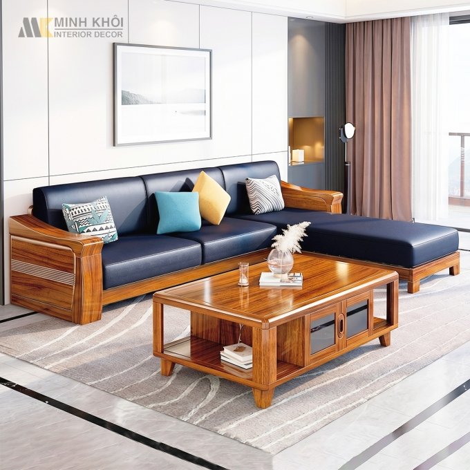 Sofa Góc Gỗ Sồi Sơn Màu Óc Chó Đẹp - SF3012
