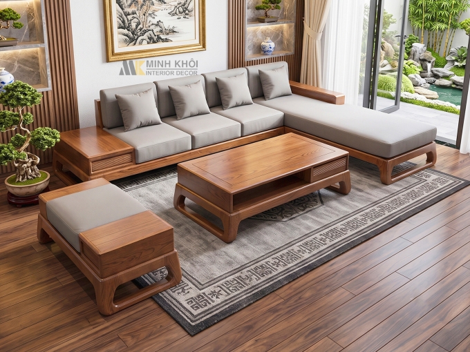 Sofa Góc L Gỗ Sồi Màu Óc Chó Hiện Đại - SF928