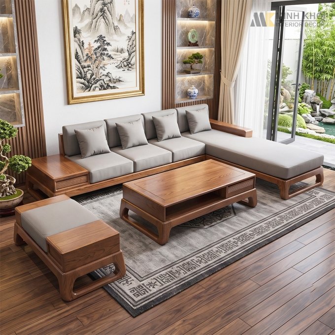 Sofa Góc L Gỗ Sồi Màu Óc Chó Hiện Đại - SF928