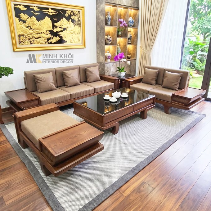 Sofa Phòng Khách Gỗ Sồi Màu Óc Chó Cánh Tiên - SF906