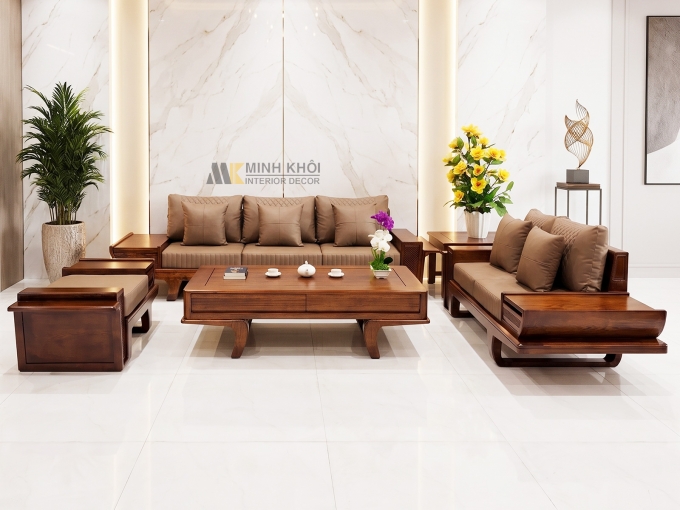 Sofa Phòng Khách Gỗ Sồi Màu Óc Chó Cánh Tiên - SF906