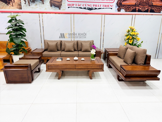 Sofa Phòng Khách Gỗ Sồi Màu Óc Chó Cánh Tiên - SF906