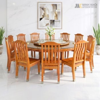 Bàn Ăn Tròn Gỗ Gõ Đỏ Mâm Xoay 12 Ghế Cao Cấp - BA300