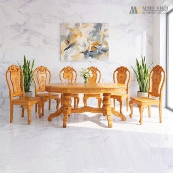 Bàn Ghế Ăn Gõ Đỏ Hoàng Gia Mặt Bàn Oval - BA911