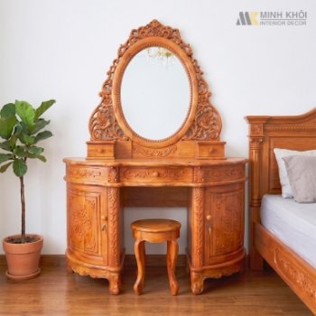 Bàn Trang Điểm Gỗ Hương Đá Cổ Điển Gương Oval - BTD936