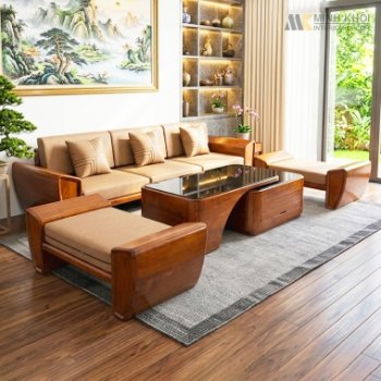 Sofa Gỗ Sồi Màu Óc Chó Bàn Ghép Hiện Đại - SF977