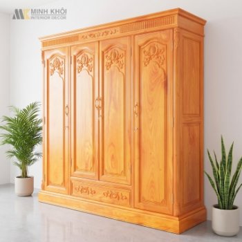 Tủ Áo Quần Đẹp Gõ Đỏ Tân Cổ Điển 4 Cánh Vân Cực Đẹp - TA976