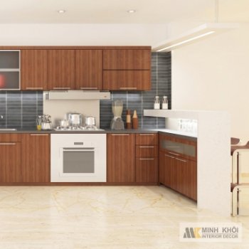 Tủ Bếp MDF Chữ L Đẹp Vân Sồi Nâu - TB011