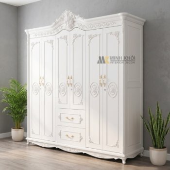 Tủ Quần Áo 6 Cánh Cổ Điển Màu Trắng - TA677