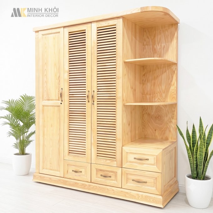 Tủ Áo 3 Cánh Gỗ Tự Nhiên Sồi Cánh Chớp Kệ Góc - TA931