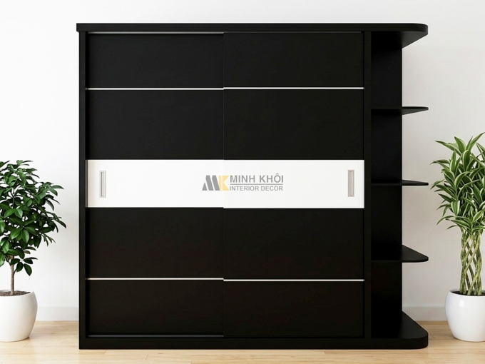 Tủ Áo Cửa Lùa MDF Màu Đen Có Kệ Trang Trí - TA665