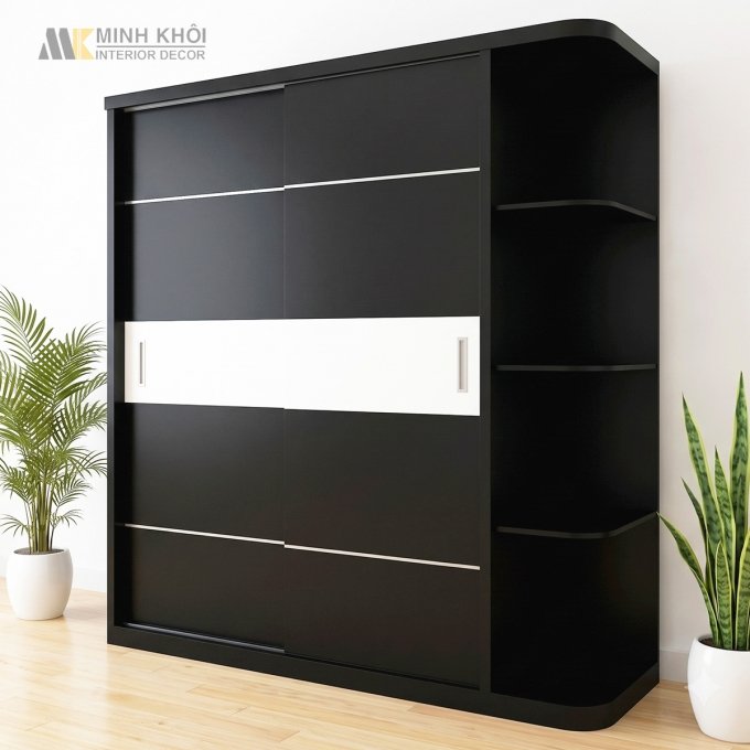 Tủ Áo Cửa Lùa MDF Màu Đen Có Kệ Trang Trí - TA665