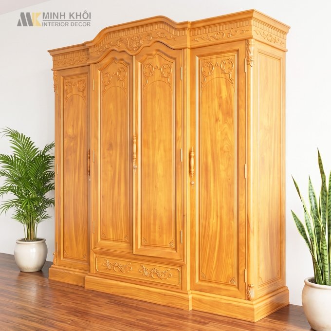 Tủ Áo Gõ Đỏ 4 Cánh Chạm Hoa Văn - TA135
