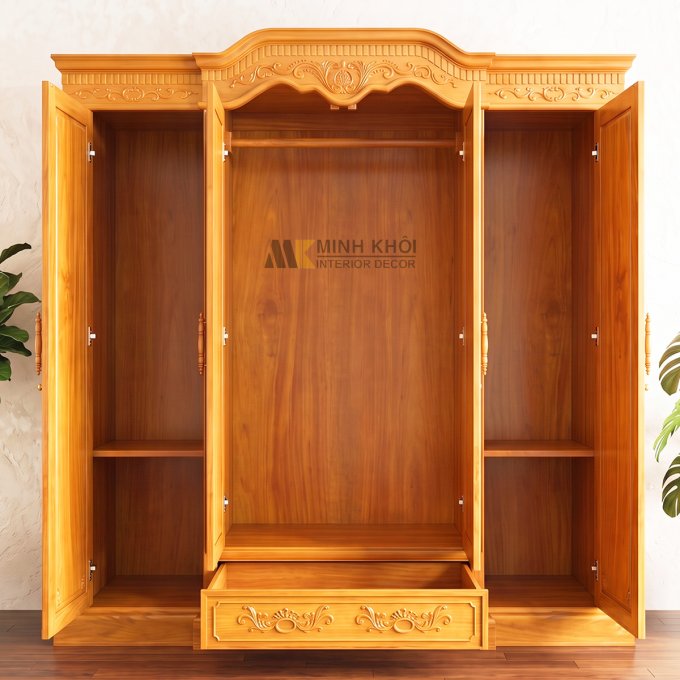 Tủ Áo Gõ Đỏ 4 Cánh Chạm Hoa Văn - TA135
