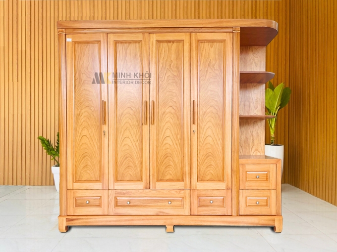 Tủ Áo Gõ Đỏ Hiện Đại 4 Cánh Có Kệ Trang Trí - TA948