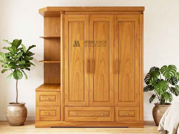 Tủ Áo Phủ Gõ Đỏ 3 Cánh Có Kệ Trang Trí - TA277