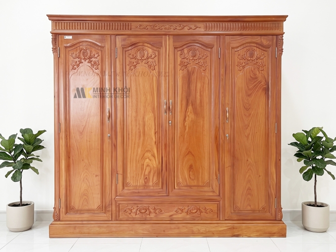 Tủ Áo Quần Đẹp Gõ Đỏ Tân Cổ Điển 4 Cánh Vân Cực Đẹp - TA976