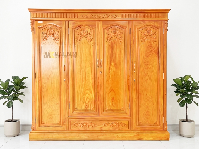 Tủ Áo Quần Đẹp Gõ Đỏ Tân Cổ Điển 4 Cánh Vân Cực Đẹp - TA976