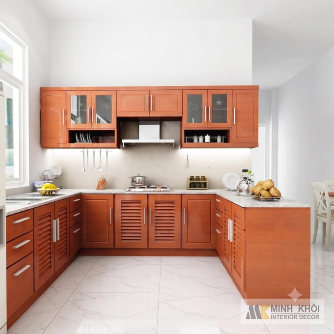 Tủ Bếp Gỗ Màu Xoan Đào Chữ U Màu Gỗ Đẹp - TB2008