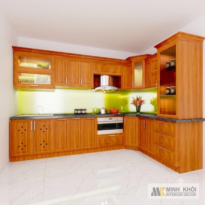Tủ Bếp Gỗ Màu Xoan Đào Góc Chữ L - TB2007