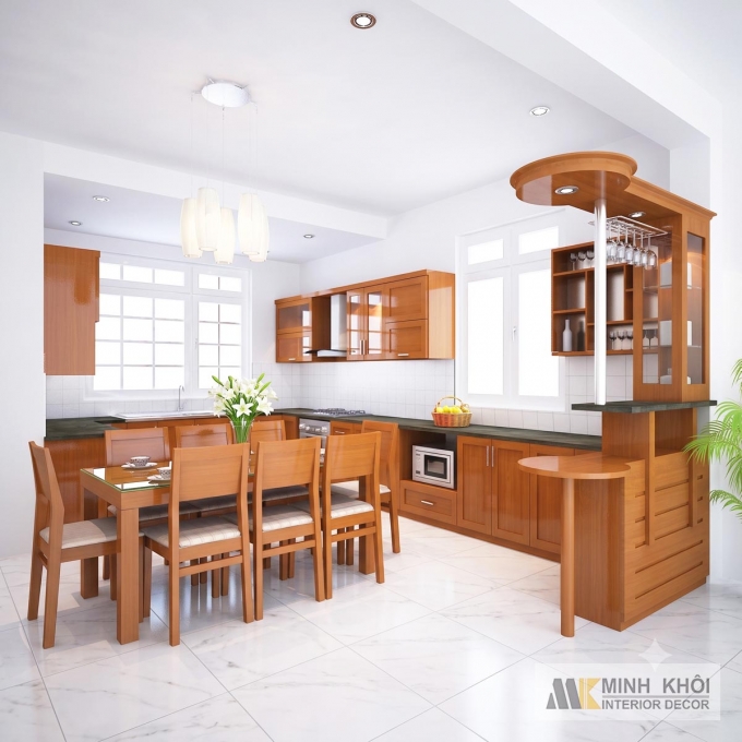 Tủ Bếp Gỗ Màu Xoan Đào Góc Chữ L Mặt Đá - TB2010