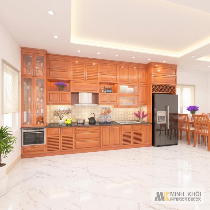 Tủ Bếp Gỗ Màu Xoan Đào Góc Tường Chữ I Tiện Lợi - TB2012