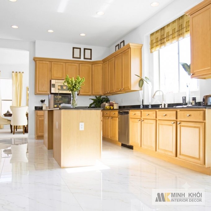 Tủ Bếp Gỗ Sồi Chữ L Màu Vàng Đẹp - TB2225
