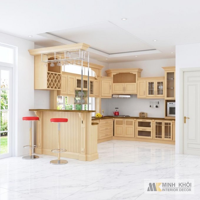 Tủ Bếp Gỗ Sồi Vân Đẹp Chữ U Có Quầy Bar - TB2218