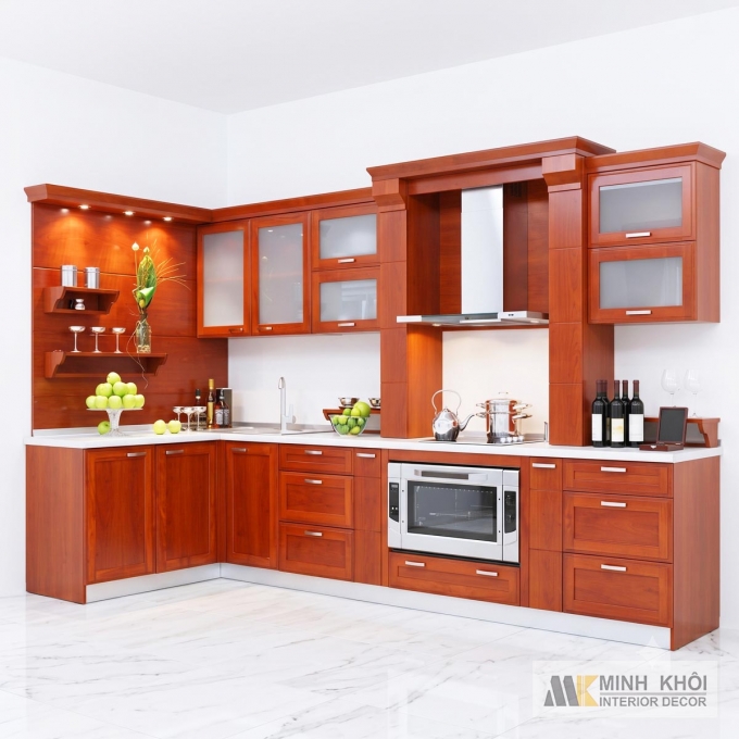 Tủ Bếp Màu Đỏ Chữ L Có Quấy Bar Gỗ Căm Xe - TB2416