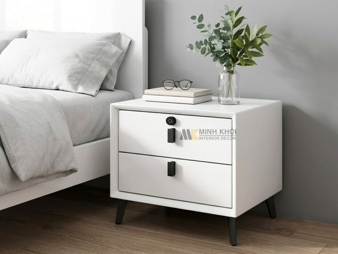 Tủ Đầu Giường Bọc Da Màu Trắng Khóa Vân Tay - TDG015