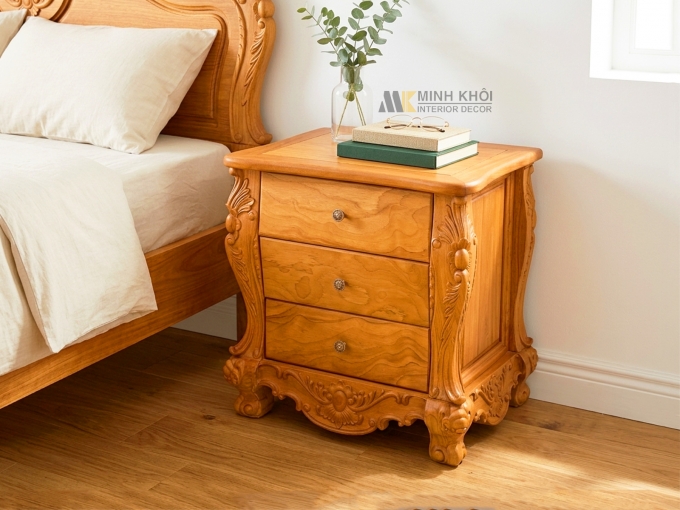 Tủ Đầu Giường Gõ Đỏ Tân Cổ Điển 3 Hộc - TDG230