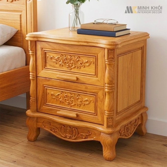 Tủ Đầu Giường Tân Cổ Điển Gõ Đỏ Cao Cấp - TDG229