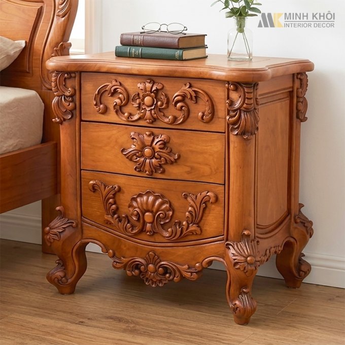 Tủ Đầu Giường Tân Cổ Điển Gõ Đỏ Cao Cấp - TDG232