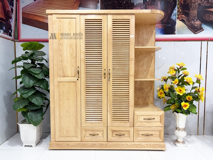 Tủ Quần Áo 3 Cánh Gỗ Sồi Cánh Chớp Có Kệ Trang Trí - TA931