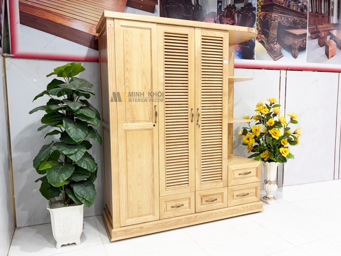 Tủ Quần Áo 3 Cánh Gỗ Sồi Cánh Chớp Có Kệ Trang Trí - TA931