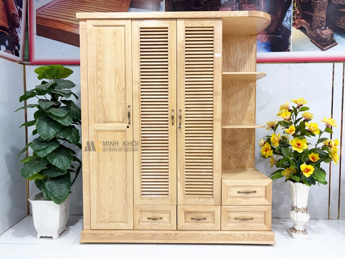 Tủ Quần Áo 3 Cánh Gỗ Sồi Cánh Chớp Có Kệ Trang Trí - TA931
