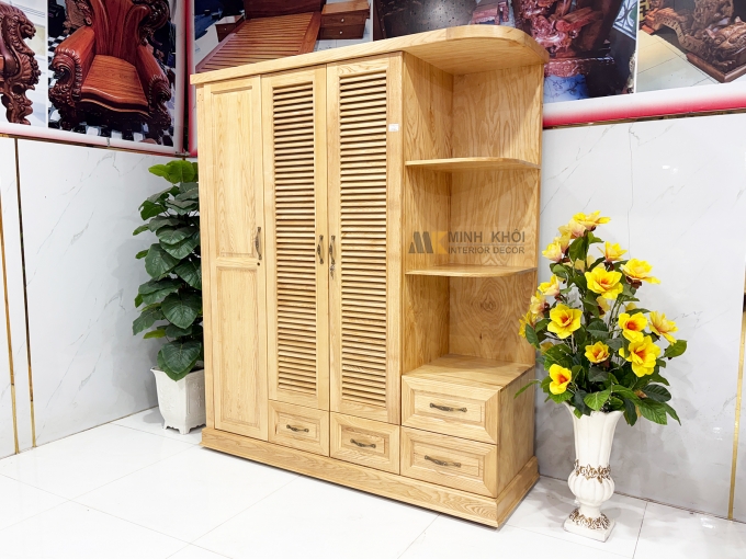 Tủ Quần Áo 3 Cánh Gỗ Sồi Cánh Chớp Có Kệ Trang Trí - TA931