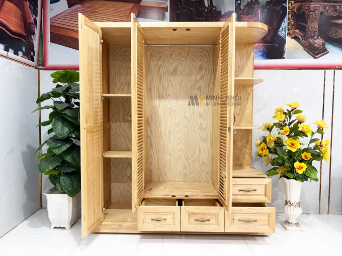 Tủ Quần Áo 3 Cánh Gỗ Sồi Cánh Chớp Có Kệ Trang Trí - TA931