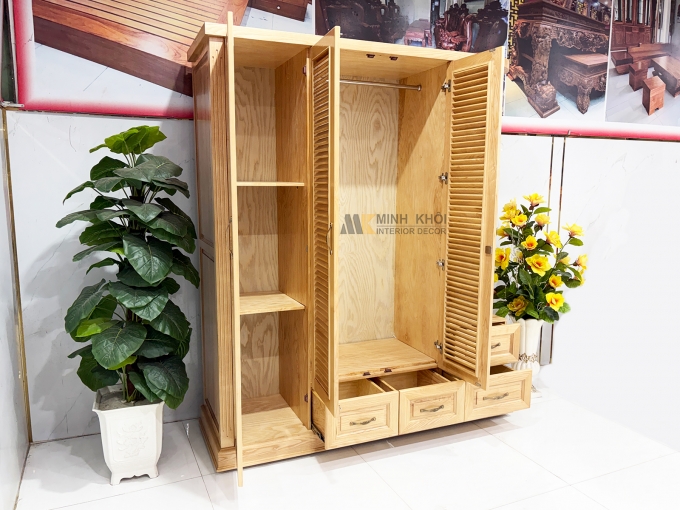 Tủ Quần Áo 3 Cánh Gỗ Sồi Cánh Chớp Có Kệ Trang Trí - TA931
