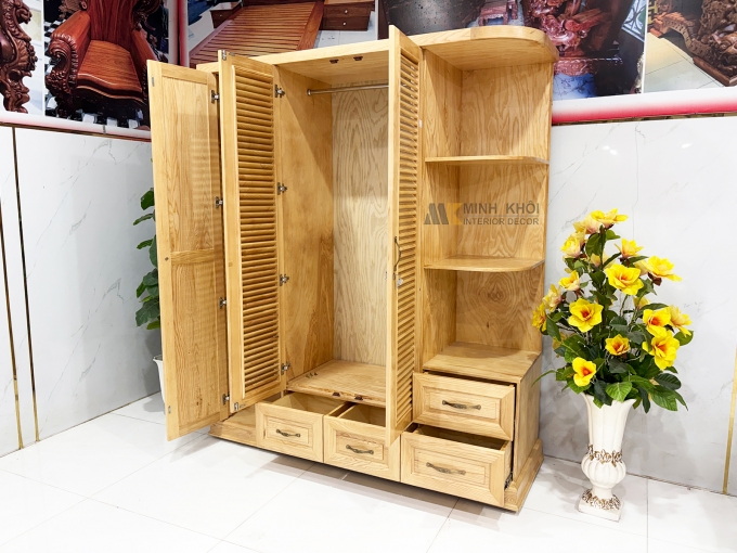 Tủ Quần Áo 3 Cánh Gỗ Sồi Cánh Chớp Có Kệ Trang Trí - TA931